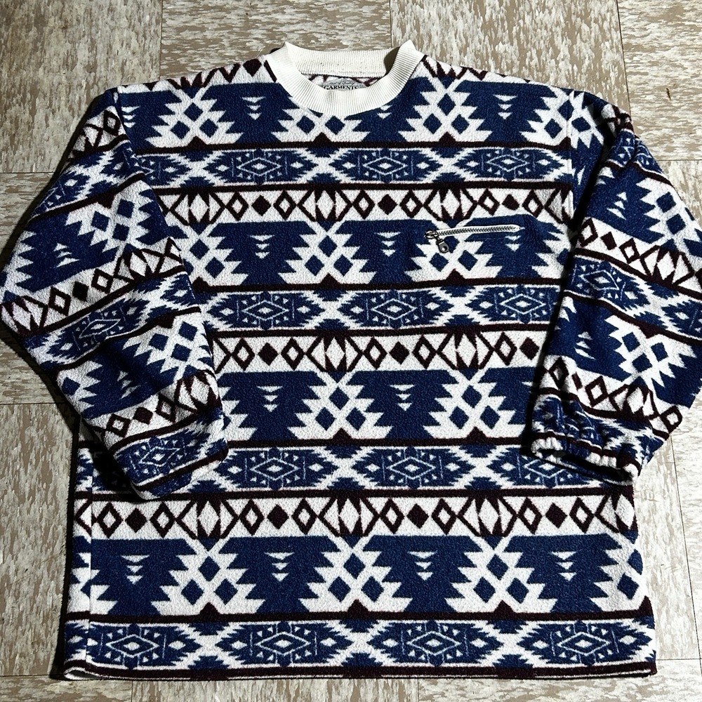 Vintage‎ Tom Tailor Aztec Fleece Pullover Sweater Blue Geometric XL